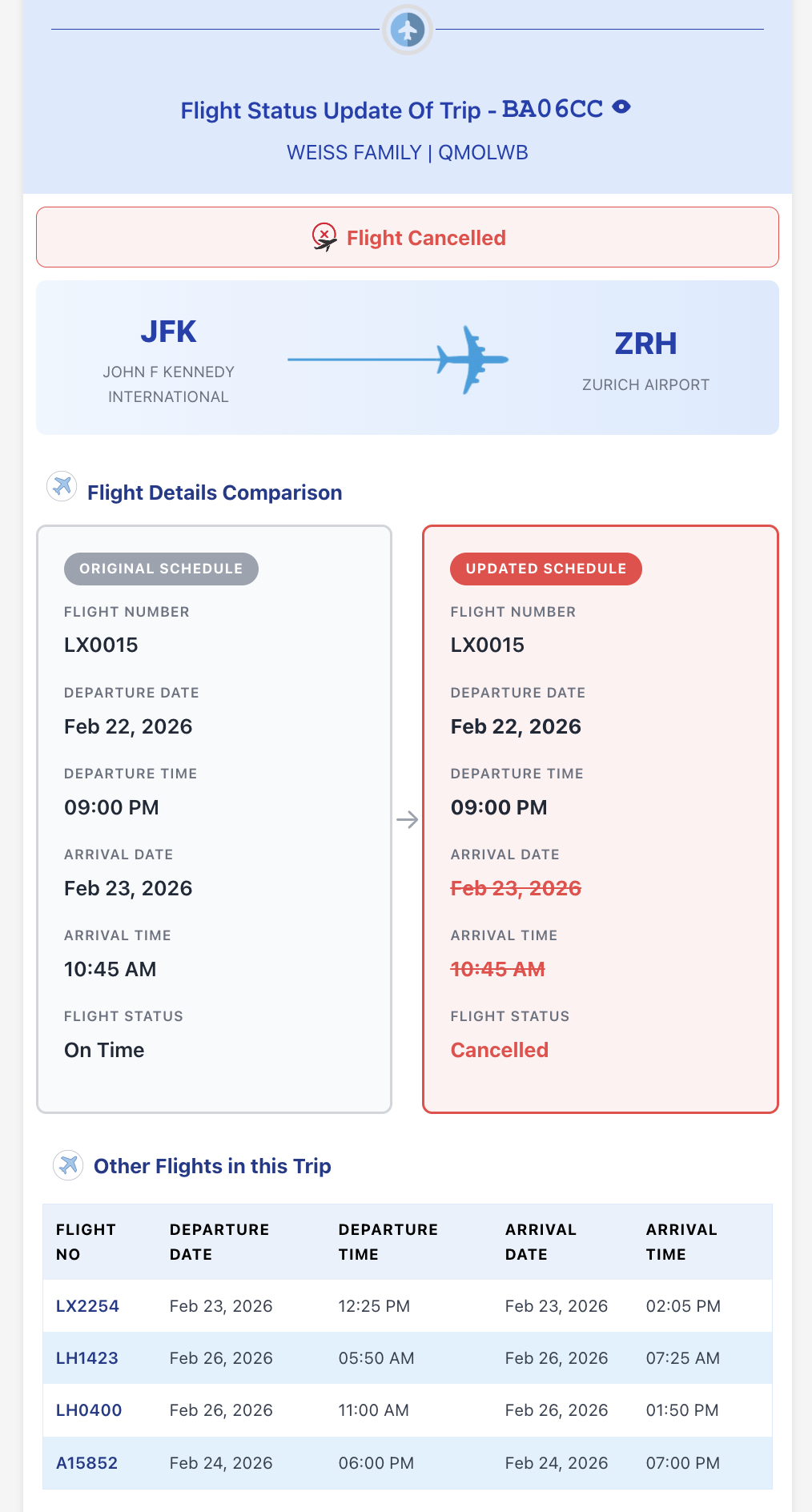 Automatic flight delay notification — connection-risk flag and direct trip link
